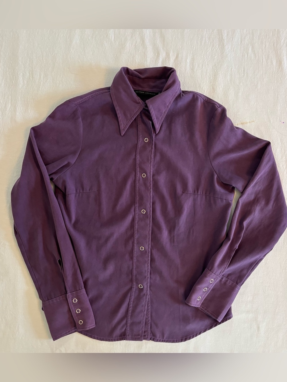 Zara Fitted Button Down Soft Faux Suede Minimalist Plum Blouse Quiet Luxury